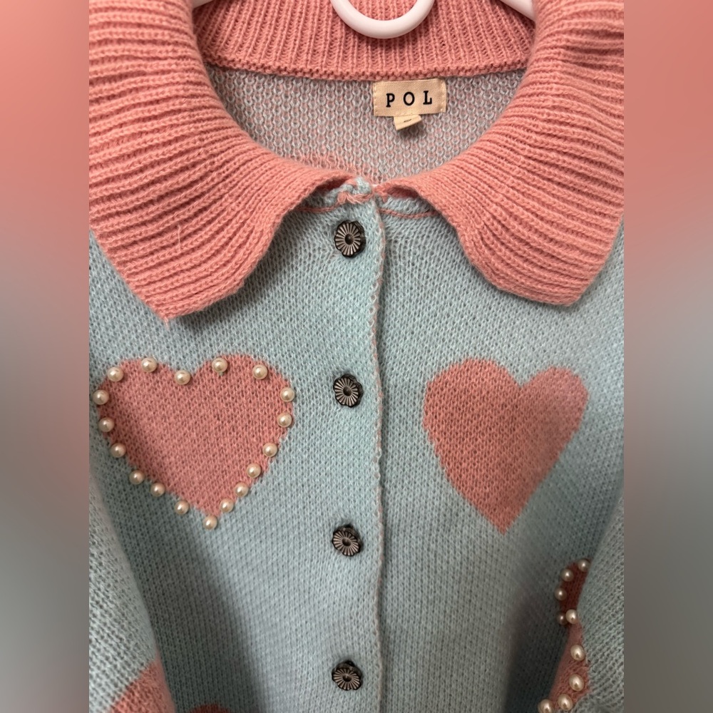 POL Heart pattern with faux pearl cardigan sweater - Picture 6 of 7